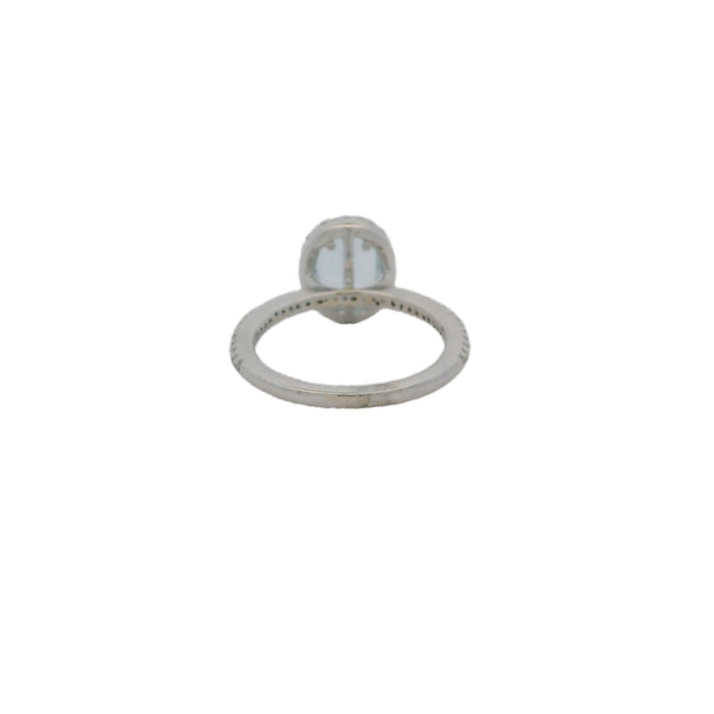 EFFY 14kt White Gold Aquamarine Oval Solitaire with Diamond Halo and Sides Size 7