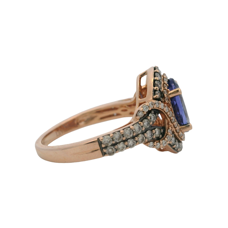 Le Vian 14kt Rose Gold Tanzanite Solitaire Ring with Accent Diamond Halo and Sides Size 7