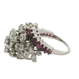 Vintage Mid Century Solid 950 Platinum Large 3.26ctw Natural Diamond and Ruby Cluster Cocktail Ring Size 8