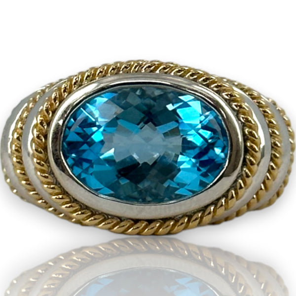 EFFY Signed BH Solid 14kt Two Tone White Gold Yellow Gold Vivid Blue Fantasy Checkerboard Cut Topaz Statement Ring Size 7.75