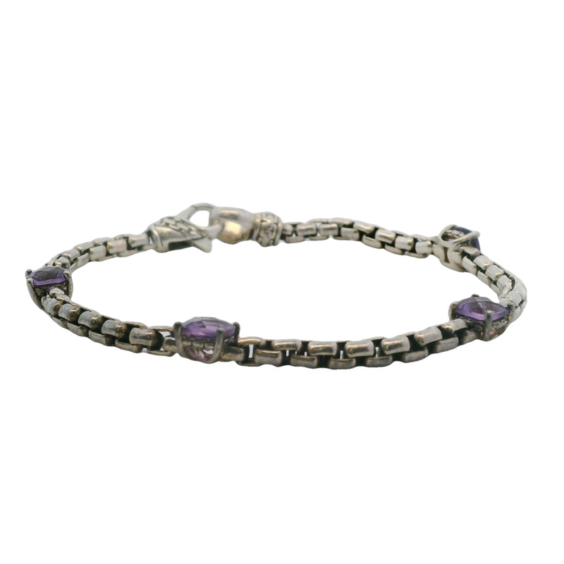 Jai 925 Sterling Silver Box Chain 8" 4 Amethyst Station Bracelet Made In Thailand