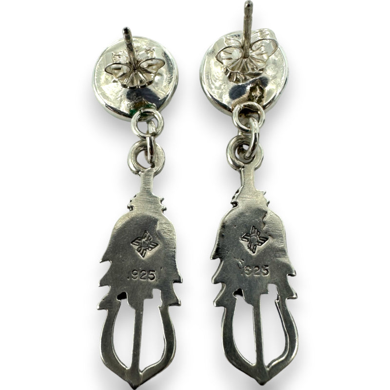 925 Sterling Silver Sunwest Brand Stamped Native American Charm Drop Dangle Earrings With Plastic Stone Accents