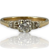 Antique 1930s 14kt Yellow Gold VVS 0.20ct Diamond Solitaire Ring with Single-Cut Diamond Side Buckle Accents Size 3
