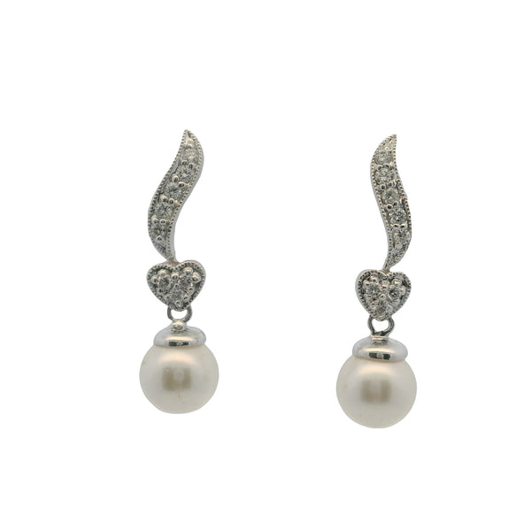 Albert David Pearls & Gems 14kt White Gold Pearl and Diamond Small Drop Heart Earrings