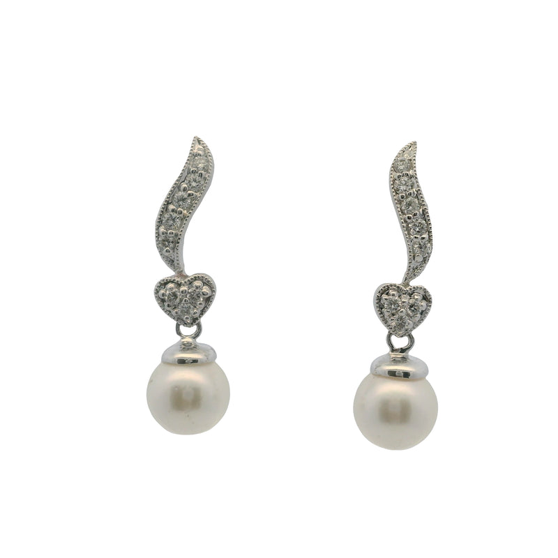 Albert David Pearls & Gems 14kt White Gold Pearl and Diamond Small Drop Heart Earrings