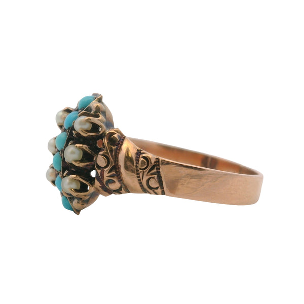 Antique 1880s Victorian 10kt Rose Gold Turquoise and Seed Pearl Accent Ring Size 6