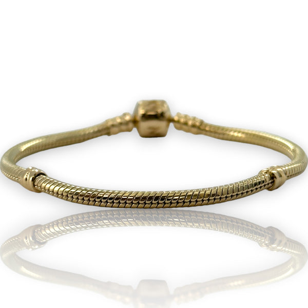 Pandora Moments Collection Pulsera de cadena de serpiente de oro amarillo macizo de 14 quilates con topes para dijes y cierre cilíndrico Longitud 7".