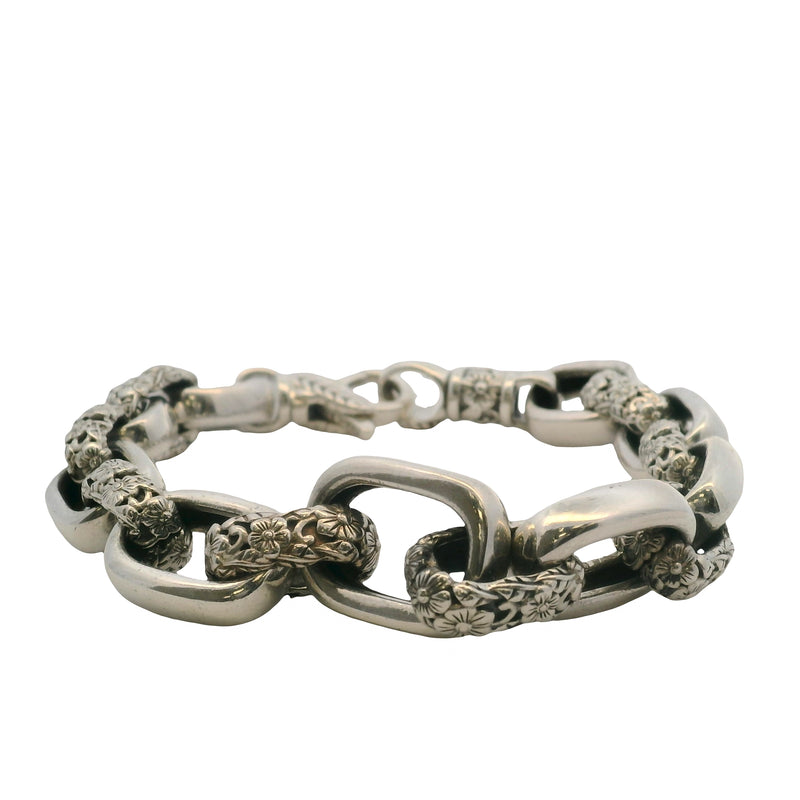 Jai by John Hardy 924 Sterling Silver Forget Me Not Wide Link Chain Bracelet 8.5"