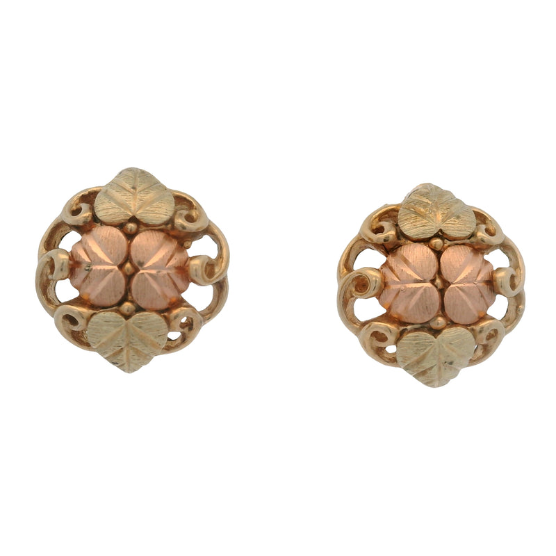 Vintage Solid 10kt Tri-Tone Black Hills Gold Leaf and Vine Stud Earrings