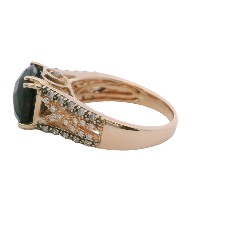 Le Vian Solid 14kt Rose Gold Checkerboard Smoky Quartz and Diamond Cocktail Ring Size 8