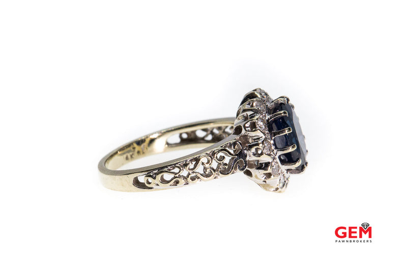 Oval Lab-Grown Sapphire Halo Natural Diamonds Size 9 14kt White Gold Ring