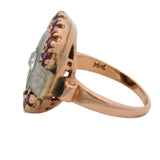 Antique 1930s 14kt Rose Gold Old Mine Diamond Cocktail Ring Ruby Halo Size 5.75
