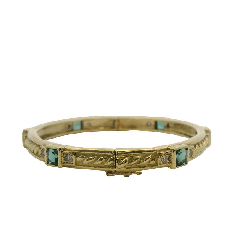 Vintage 1994 Judith Ripka 18kt Yellow Gold Green Tourmaline and Diamond Hinged Bangle 7"