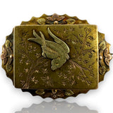 Victorian 14kt Yellow, Rose, and Green Gold Mourning Pin with Swallow and Original Frame and Pinback
