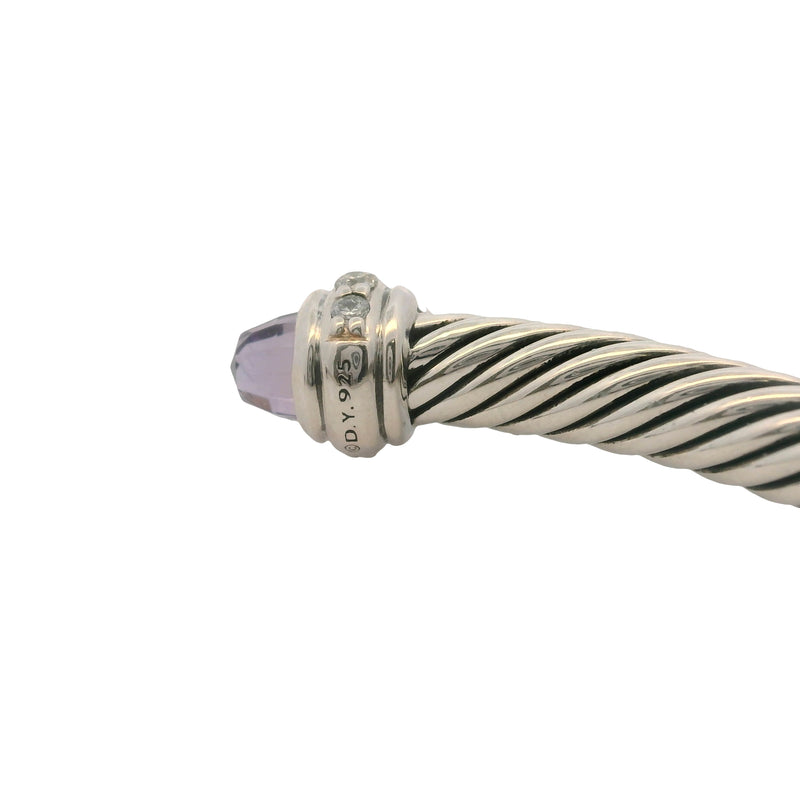 David Yurman 925 Sterling Classic 4mm Cable Bracelet with Amethyst and Diamonds Size M 6.5