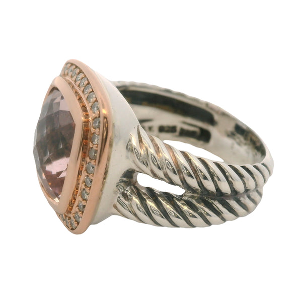 David Yurman 925 Silver/18kt Rose Gold Morganite and Diamond Halo Albion Cable Ring Size 7