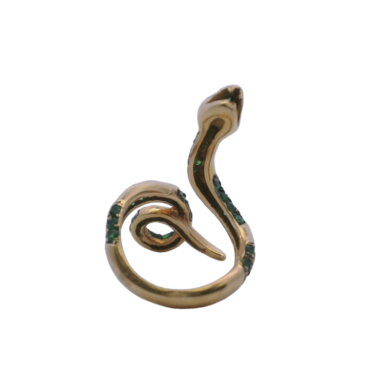 Anillo de serpiente con colmillos y sinuoso de oro amarillo macizo de 14 kt y tsavorita verde intenso, talla 5