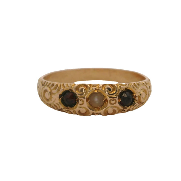 Antique Late Victorian Solid 14kt Yellow Gold Delicate Bohemian Garnet and Seed Pearl Ring Size 4