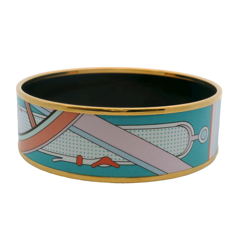 HERMES Yellow Gold Plate and Enamel Washington Carriage 22.5mm Wide Bangle Bracelet