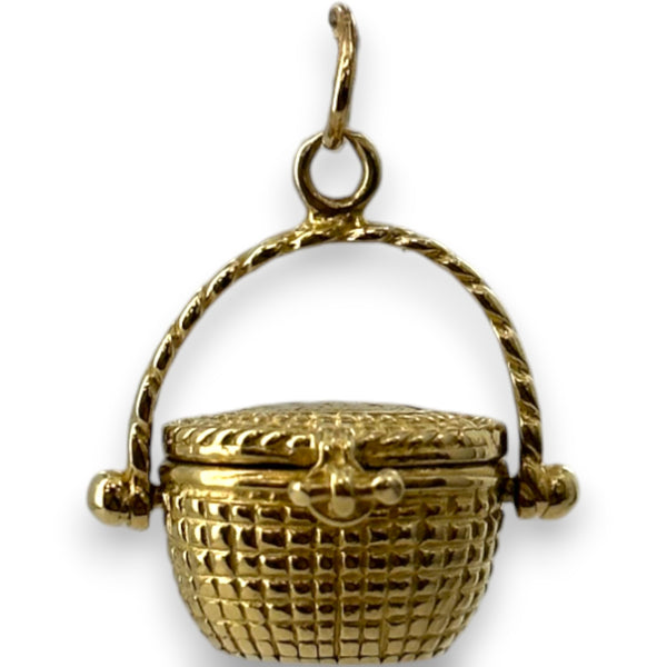 Vintage Picnic Basket Openable Charm Pendant Solid 14kt Yellow Gold