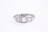 Antique Carved & Pierced Three Stone Diamond Line 950 Platinum Ring Size 6 1/2
