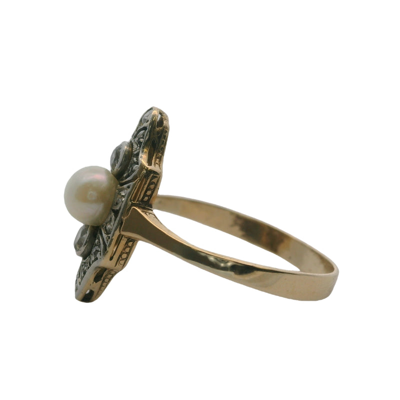 Antique Edwardian 1890-1900s 10kt Two-Tone Gold, Old Mind Diamond, and Pearl Dinner Cocktail Ring Size 9