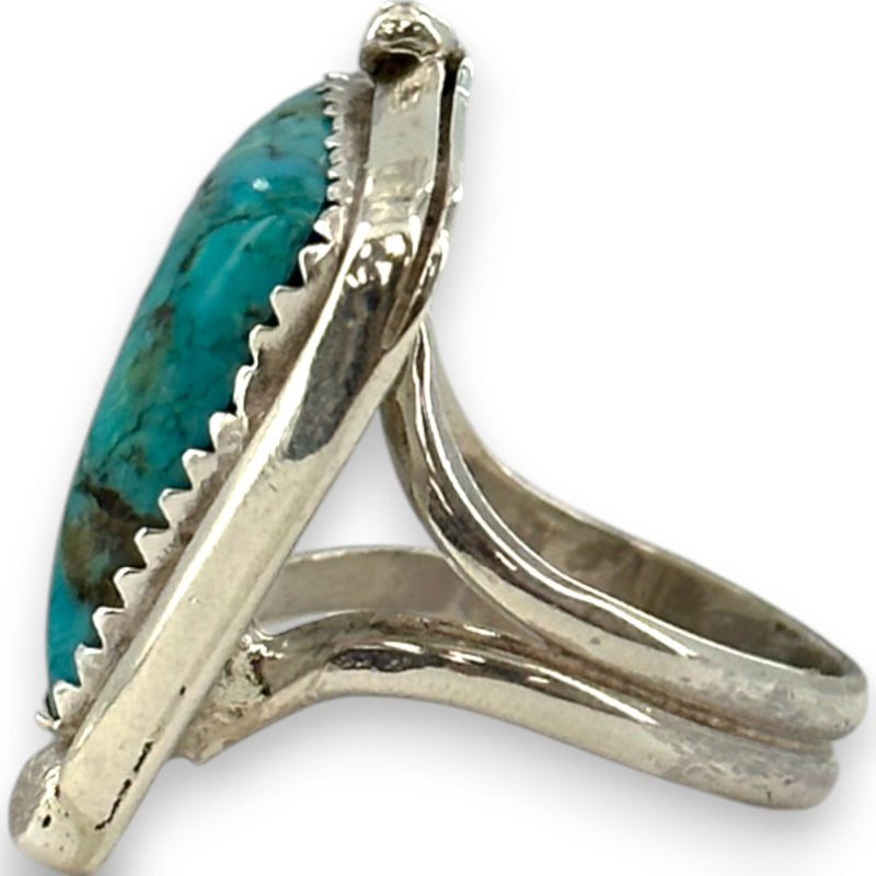Glen Feszcher Native American 925 Sterling Silver and Turquoise Feather Motif Ring Size 5.5