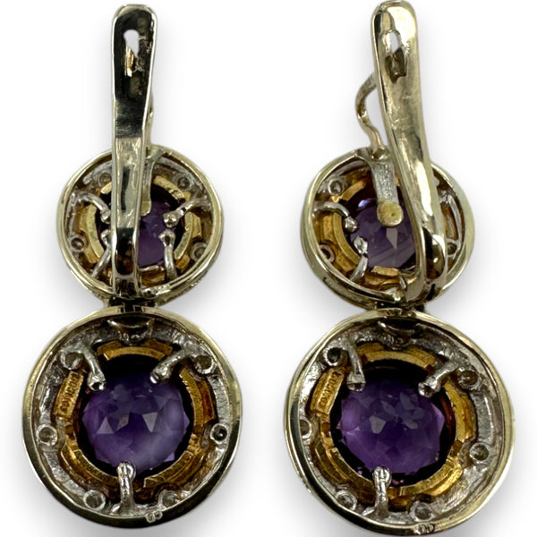Vintage Golan Fine Crafts Two-Tone 14kt Gold Bezel Set Amethyst and Diamond Accent Snap Closure Dangle Earrings