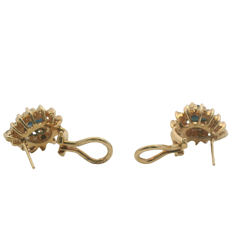 Vintage Clyde Duneiere Solid 14kt Yellow Gold Sapphire and Double Diamond Halo Omega Back Earrings