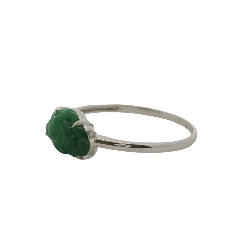 Solid 18kt White Gold and Carved Jade Flower and Diamond Ring Size 7.25