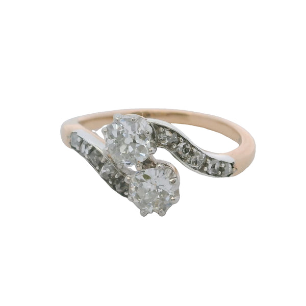 Victorian Late-1800s Old Euro and Old Mine Cut Diamond Bypass Ring in 14kt Gold Size 6.25