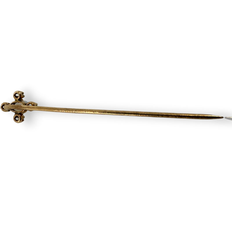 Antique 1860s-1880s 14kt Rose Gold Cravat/Lapel Stick Pin with Jelly Opal and Diamond Chips