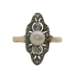 Antique Edwardian 1890-1900s 10kt Two-Tone Gold, Old Mind Diamond, and Pearl Dinner Cocktail Ring Size 9