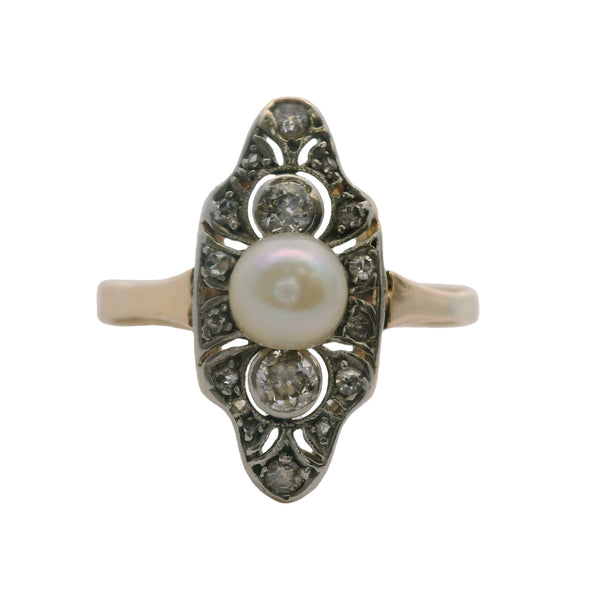 Antique Edwardian 1890-1900s 10kt Two-Tone Gold, Old Mind Diamond, and Pearl Dinner Cocktail Ring Size 9