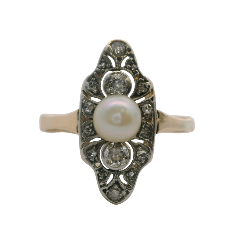 Antique Edwardian 1890-1900s 10kt Two-Tone Gold, Old Mind Diamond, and Pearl Dinner Cocktail Ring Size 9