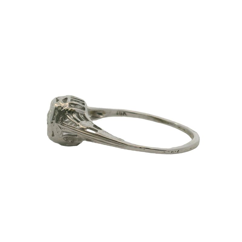 Antique 1920s Art Deco 18kt White Gold and 0.04ct Diamond Solitaire Ring With Geometric Filigree Setting Size 5.25