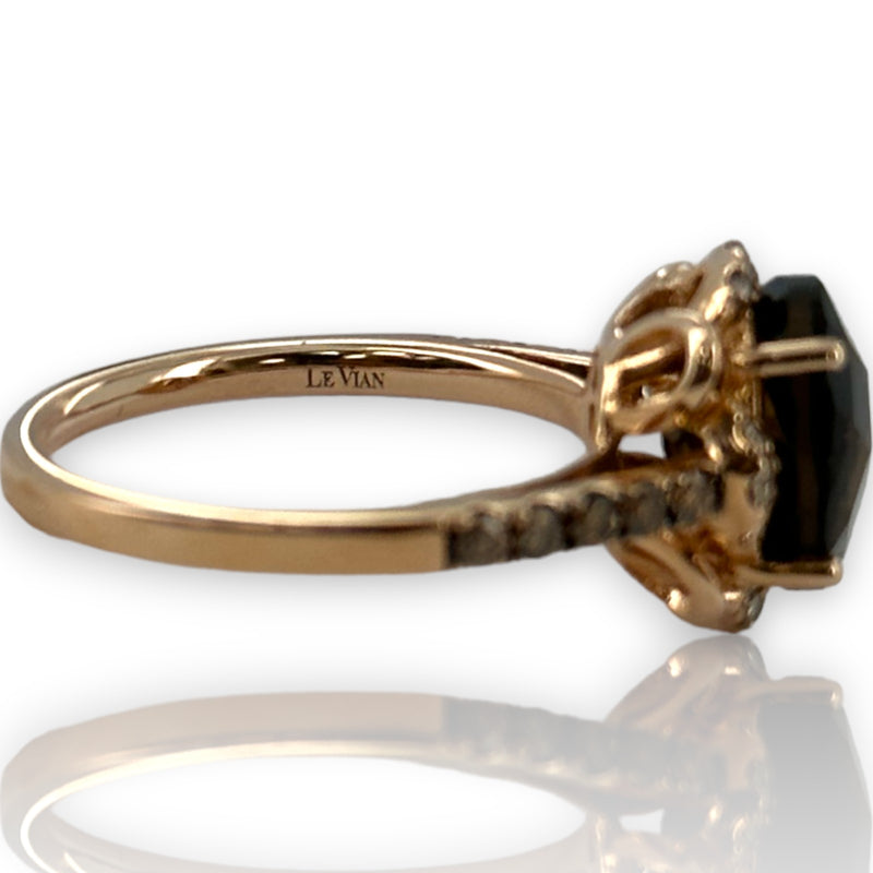 LeVian Solid 14kt Strawberry Rose Gold Ring with Chocolate Smokey Quartz and Diamond Accents Size 6.75