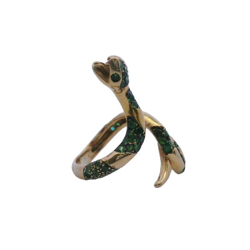 Anillo de serpiente con colmillos y sinuoso de oro amarillo macizo de 14 kt y tsavorita verde intenso, talla 5