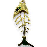 Vintage 1980s Solid 18kt Gold and Enamel Italian Bone Fish Skeleton Pendant with Chrysoprase Eyes Charm