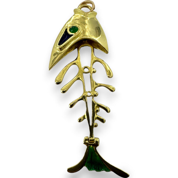 Vintage 1980s Solid 18kt Gold and Enamel Italian Bone Fish Skeleton Pendant with Chrysoprase Eyes Charm