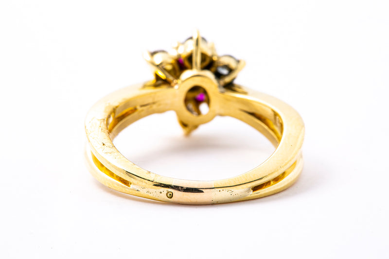 Ruby & Diamond Halo Sunburst 18K 750 Yellow Gold Ring Size 5 1/4
