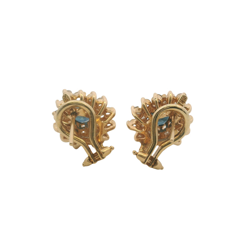 Vintage Clyde Duneiere Solid 14kt Yellow Gold Sapphire and Double Diamond Halo Omega Back Earrings