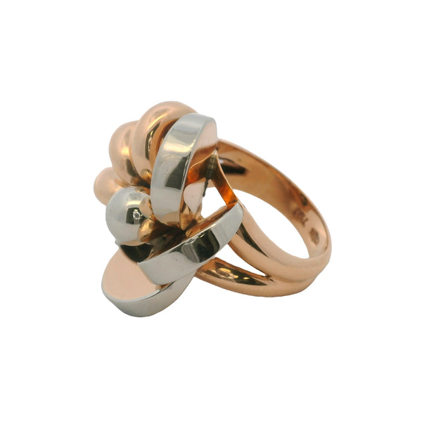 Vintage 1940-60s Solid 18kt White and Rose Gold Floral Ribbon Statement Ring Size 7