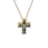 Solid 14kt Yellow Gold Mini Sapphire and Diamond Cross Pendant Necklace 16"
