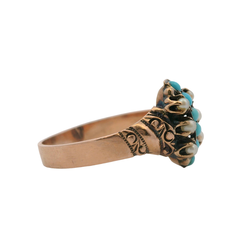 Antique 1880s Victorian 10kt Rose Gold Turquoise and Seed Pearl Accent Ring Size 6