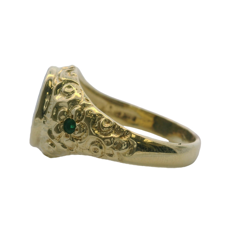 Vintage 1970s Victorian Revival 14kt Yellow Gold and Black Opal Gemstone Signet Ring with Emerald Sides Size 10
