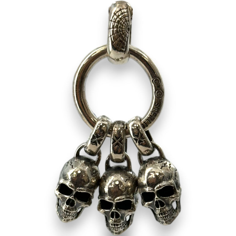 Triple Skulls Dangle Charm Pendant with Spiderweb Detail 925 Sterling Silver