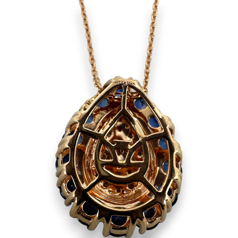 Le Vian 14kt Rose Gold 18" Necklace With Teardrop Pendant with White Diamonds and Blue Sapphires