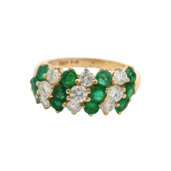 Vintage 1970-80s Solid 14kt Yellow Gold Diamond and Emerald Cocktail Cluster Ring Size 6