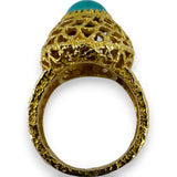 Vintage 1970-80s18kt Yellow Gold Openwork Hammered Finish Cocktail Ring with Cabochon Turquoise Size 8